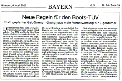SZ-Artikel vom 6.04.05 "Neue Regeln für den Boots-TÜV"